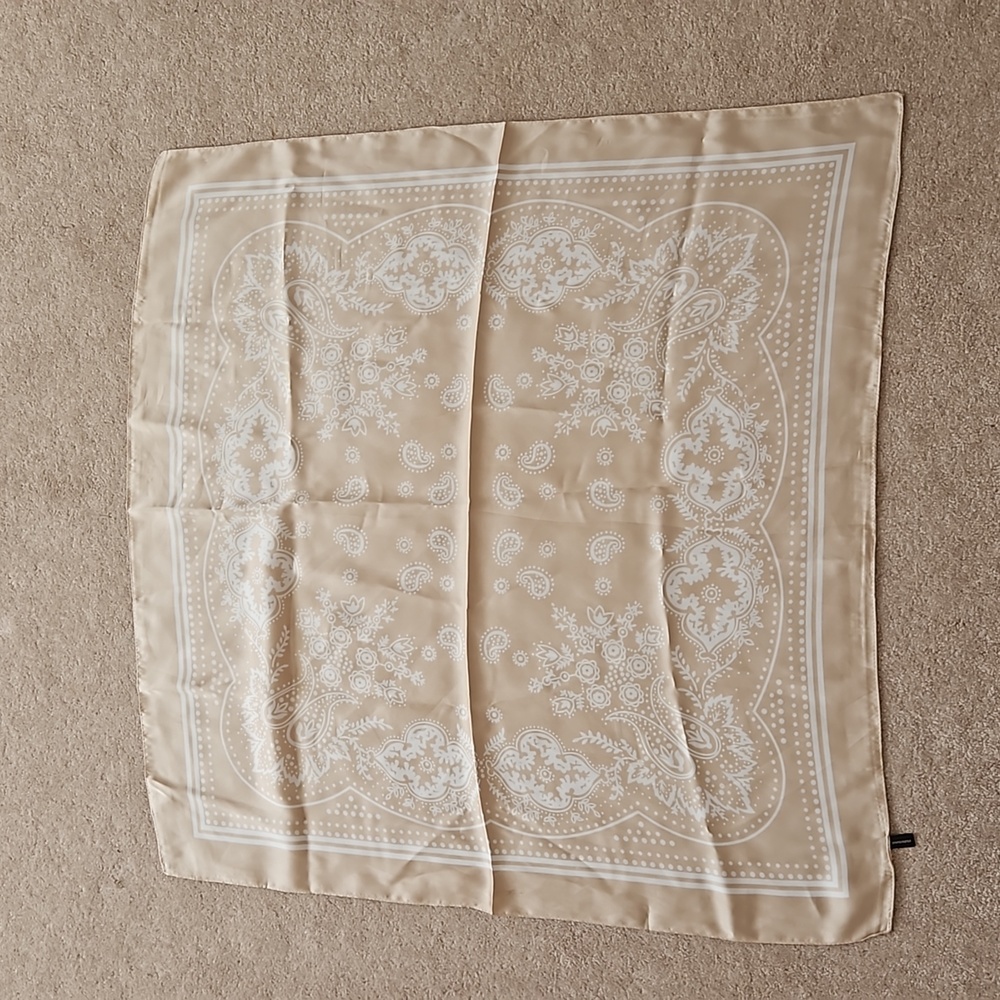 Tan and white scarf, $15